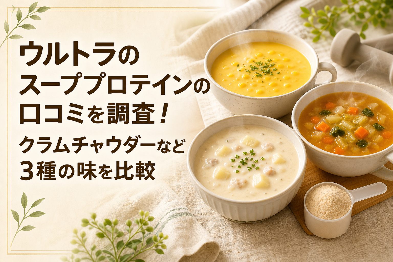 ウルトラのスーププロテインの口コミを調査！クラムチャウダーなど3種の味を比較のアイキャッチ